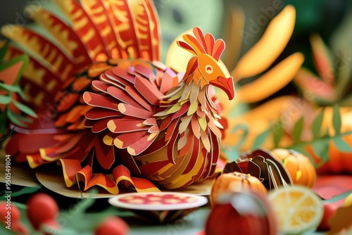 A vibrant paper-crafted turkey surrounded by autumn fruits, perfect for Thanksgiving decorations and festive celebrations. photo