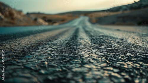 a low angle shot of an open road, intricate details in tarmac, shallow depth of field, soft focus, infinity, cinemtography, in the syle of Arria Alexa photo