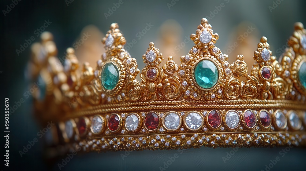 Obraz premium majestic golden crown adorned with precious gems ornate detailing regal symbolism soft studio lighting white background symbol of power and royalty