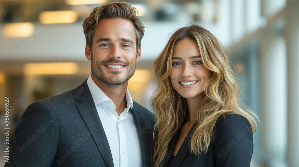 A confident and handsome businessman and bueatiful businesswoman with a friendly smile with A confident . A confident and handsome businessman and bueatiful businesswoman with a friendly smile with A confident .