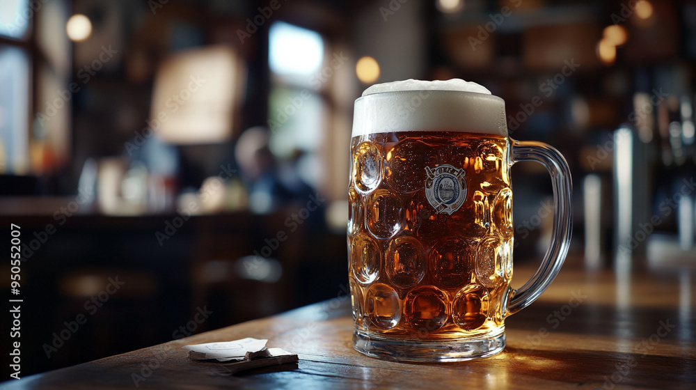 Golden beer in a traditional pub setting, enjoying a relaxed atmosphere during the evening hours with friends and laughter Golden beer in a traditional pub setting, enjoying a relaxed atmosphere during the evening hours with friends and laughter