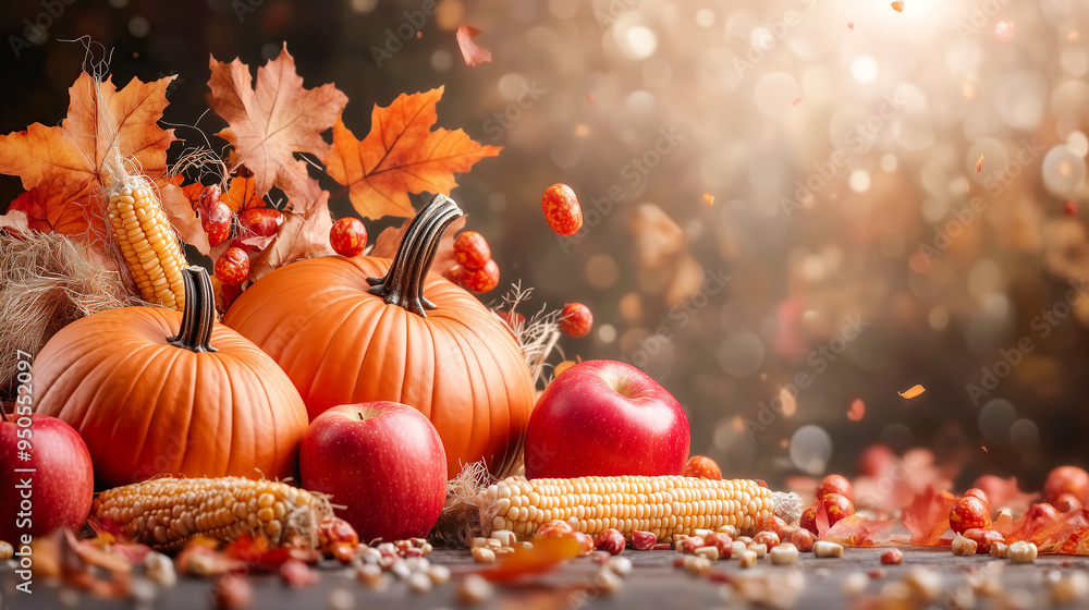 Autumn still life with pumpkins, apple, corn cobs and colorful leaves. Thanksgiving day or Halloween concept. Autumn still life with pumpkins, apple, corn cobs and colorful leaves. Thanksgiving day or Halloween concept.