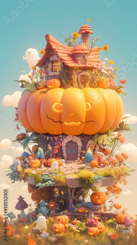 Halloween Poster with Large Pumpkin on Pastel Background. AI generated illustration photo