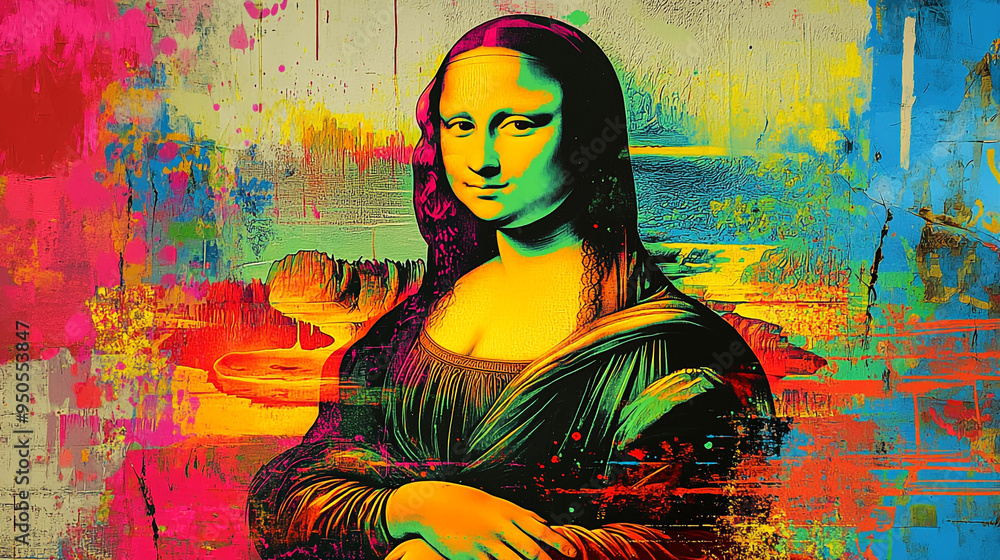 Colorful reinterpretation of the classic Mona Lisa at an art exhibit in a modern gallery showcasing contemporary interpretations of famous works Colorful reinterpretation of the classic Mona Lisa at an art exhibit in a modern gallery showcasing contemporary interpretations of famous works