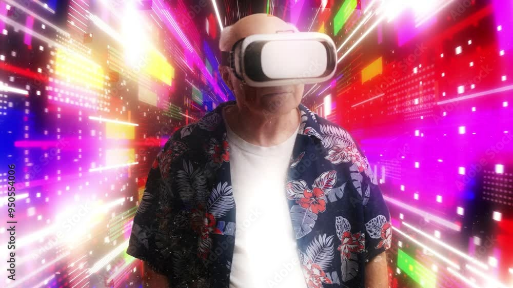Grandpa experiencing virtual reality in VR goggles, simulation and innovations