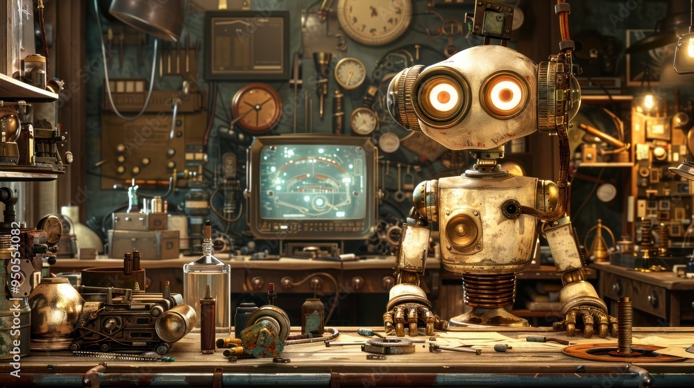 A steampunk robot in a cluttered workshop surrounded by various mechanical components and tools, reflecting a vintage aesthetic with a touch of futuristic technology. A steampunk robot in a cluttered workshop surrounded by various mechanical components and tools, reflecting a vintage aesthetic with a touch of futuristic technology.