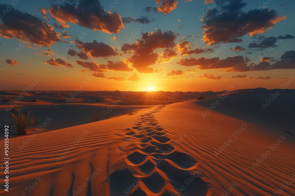 majestic golden sand dunes stretching endlessly under a fiery sunset ...
