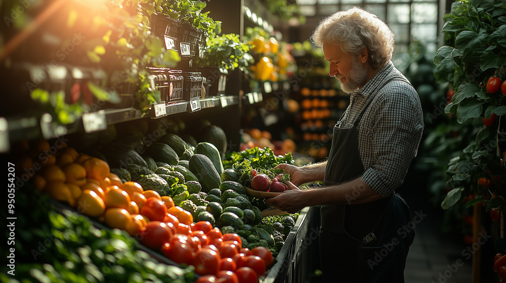 Eco-conscious shopper selecting organic produce in a sunlit supermarket, vibrant colors. Eco-conscious shopper selecting organic produce in a sunlit supermarket, vibrant colors.
