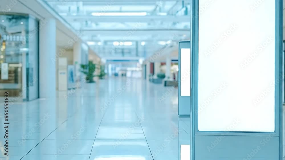 A large, blank billboard is positioned in a modern shopping mall hallway. The billboard is visible from a distance and offers a prominent space for advertising A large, blank billboard is positioned in a modern shopping mall hallway. The billboard is visible from a distance and offers a prominent space for advertising