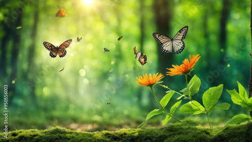 Illustration of Butterflies flying and dancing in a Green Paradise of a green forest