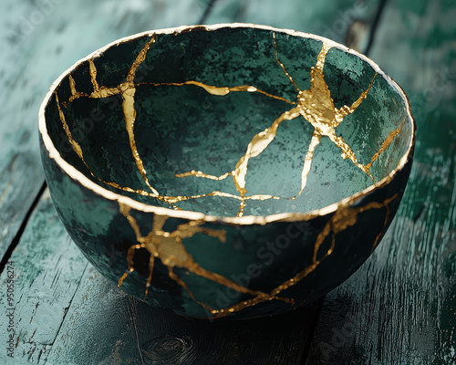 Elegant green ceramic bowl with beautiful golden repairs on cracks, exhibited on a rustic wooden table, showcasing the Japanese art of Kintsugi with aesthetic appeal.