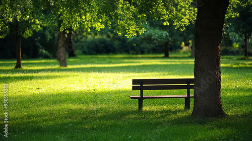 A bench set on lush green grass, positioned near a tree. The scene exudes a peaceful, natural atmosphere, with the bench inviting you to sit and enjoy the shade and tranquility provided by the tree.