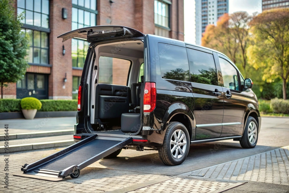 A black van with a ramp on the back A black van with a ramp on the back