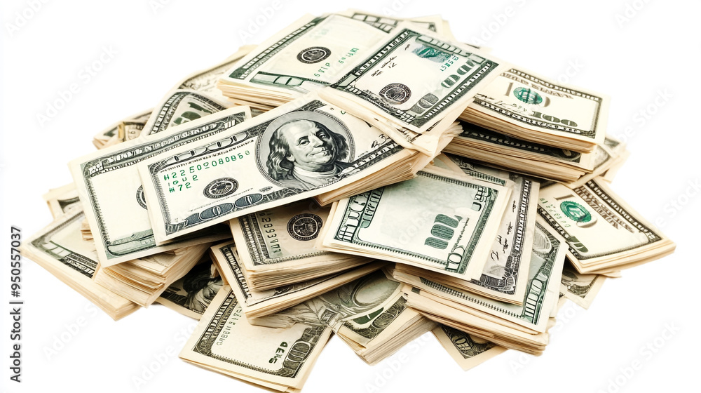 A large pile of assorted hundred dollar bills stacked haphazardly on a white background, symbolizing wealth and finance A large pile of assorted hundred dollar bills stacked haphazardly on a white background, symbolizing wealth and finance