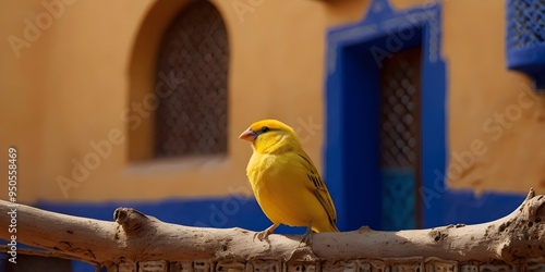 Obraz na płótnie A yellow canary perched on a wooden branch in front of a colorful blue architecture w salonie