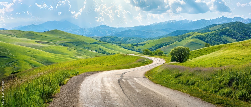 Obraz premium Serene winding road through lush green hills under a bright sky, perfect for nature lovers and travel enthusiasts.