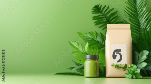 Eco Friendly Packaging with Green Leaves and Recycling Symbol photo