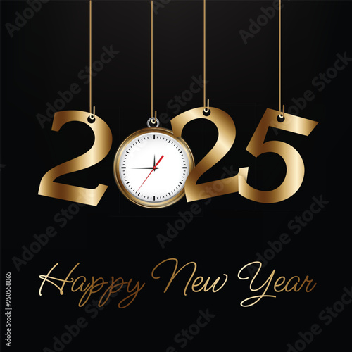 New Year's greeting for 2025. It features a sleek, elegant design with the numbers "2025" in large, shiny gold font hanging from strings against a black background.