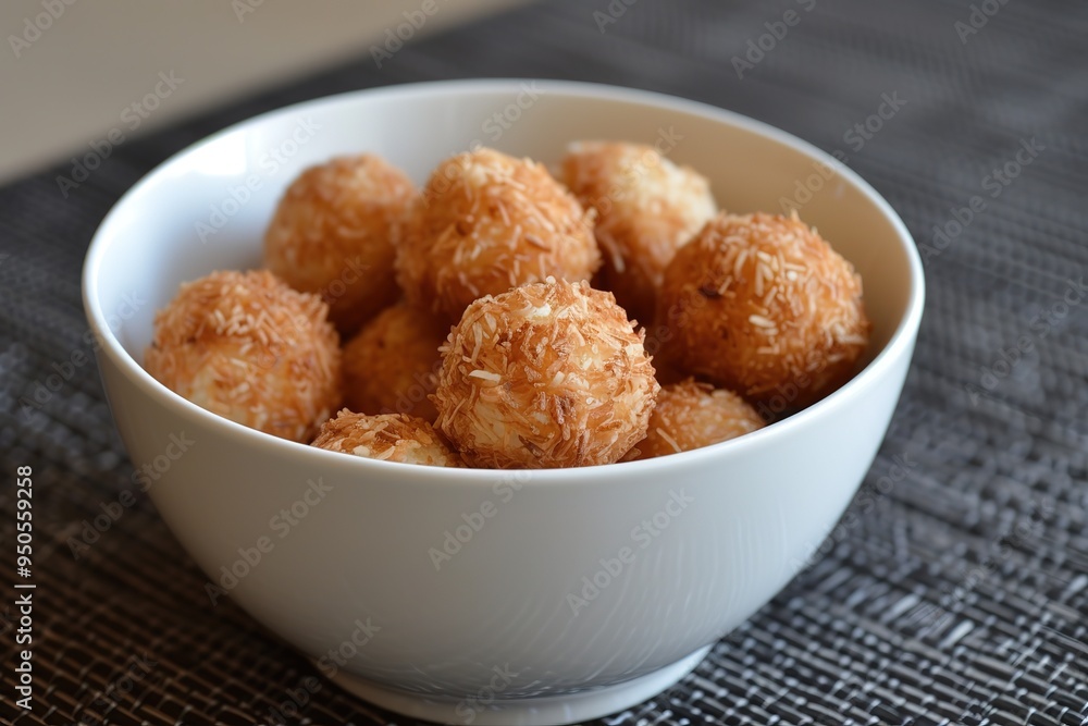 Coconut bites and balls in a white bowl Coconut bites and balls in a white bowl