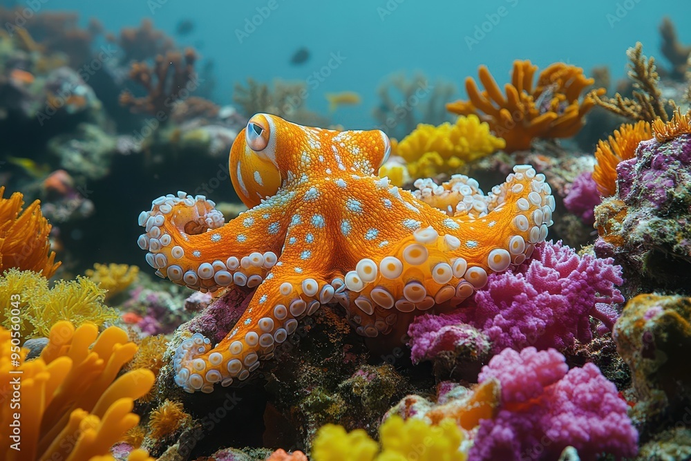 mesmerizing underwater scene of an octopus camouflaged among vibrant ...