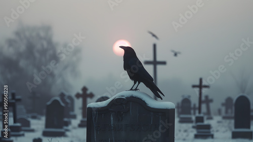 Crow Standing Still on Top of a Grave, Eerie and Mysterious Cemetery Scene photo