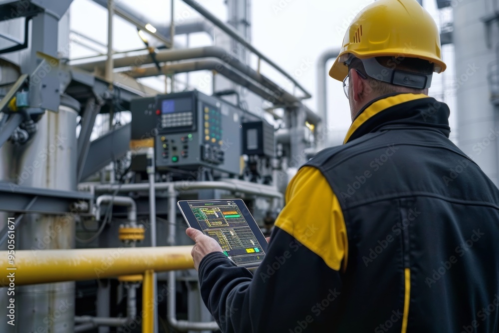 Gas processing plant oversight by skilled technician with tablet Gas processing plant oversight by skilled technician with tablet
