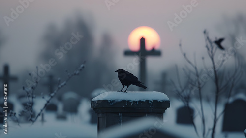 Crow Standing Still on Top of a Grave, Eerie and Mysterious Cemetery Scene photo