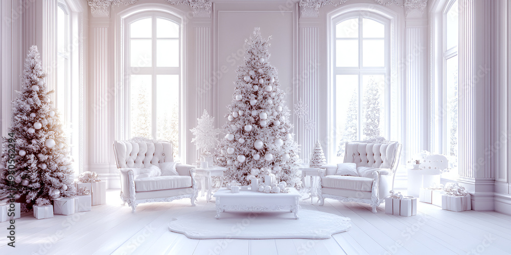 Fototapeta premium Large White Christmas Tree with Silver Ornaments in Room with White Furniture