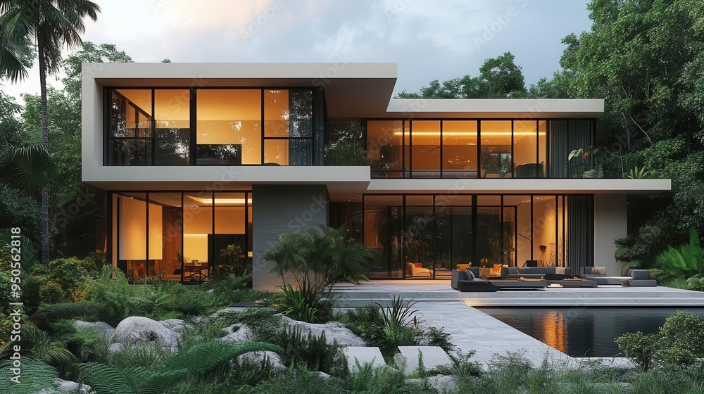modern ecofriendly smart home with sleek lines large windows solar panels and surrounded by lush landscaping 3d rendered modern ecofriendly smart home with sleek lines large windows solar panels and surrounded by lush landscaping 3d rendered
