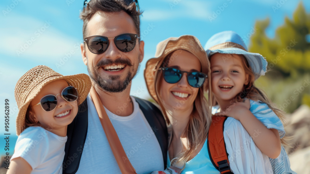 Smiling parents with their two children enjoying a sunny day outdoors, wearing sunglasses and hats, capturing a joyful family moment. Smiling parents with their two children enjoying a sunny day outdoors, wearing sunglasses and hats, capturing a joyful family moment.