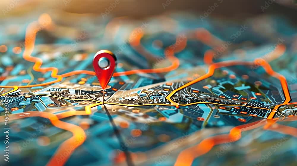 A detailed digital map with a prominent GPS pin and a clear route path ...
