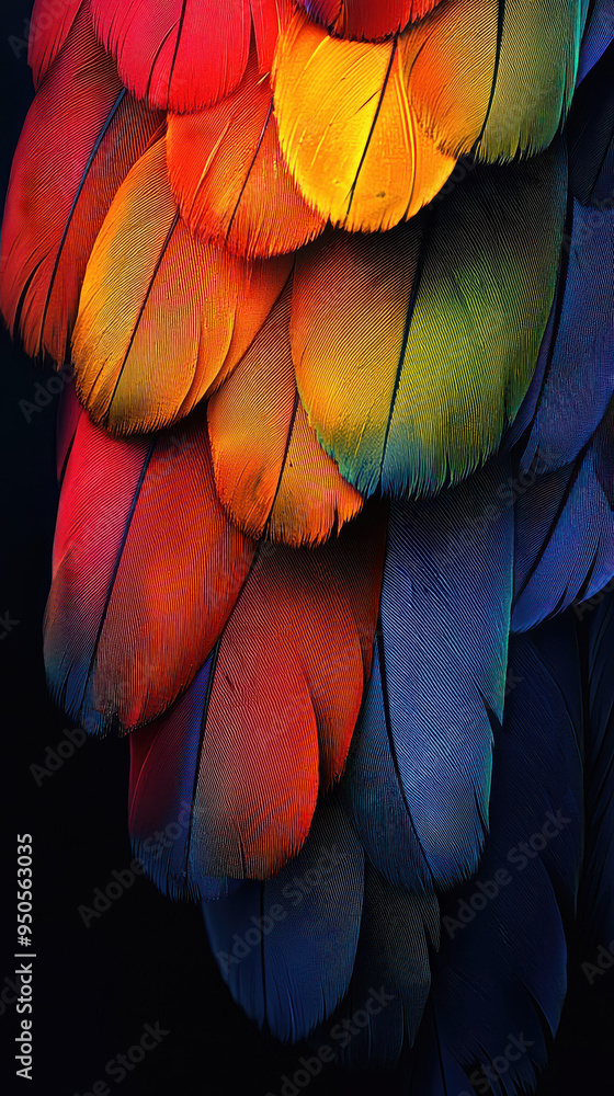 Fototapeta premium A close-up of a parrot's vibrant plumage showcases a gradient of colors from red and yellow to green, blue, and purple, highlighting the bird's natural beauty.