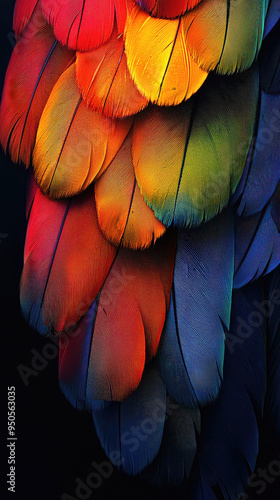 A close-up of a parrot's vibrant plumage showcases a gradient of colors from red and yellow to green, blue, and purple, highlighting the bird's natural beauty. photo