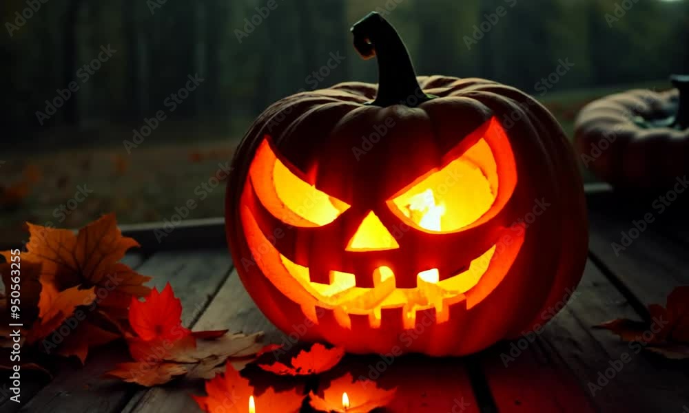 Halloweenowa latarnia w postaci dyni emanuje mroczną aurą. Jej wyraz twarzy, pełen złośliwego humoru, jest podkreślony przez jasne światło płonącej świecy wewnątrz. Halloweenowa latarnia w postaci dyni emanuje mroczną aurą. Jej wyraz twarzy, pełen złośliwego humoru, jest podkreślony przez jasne światło płonącej świecy wewnątrz.