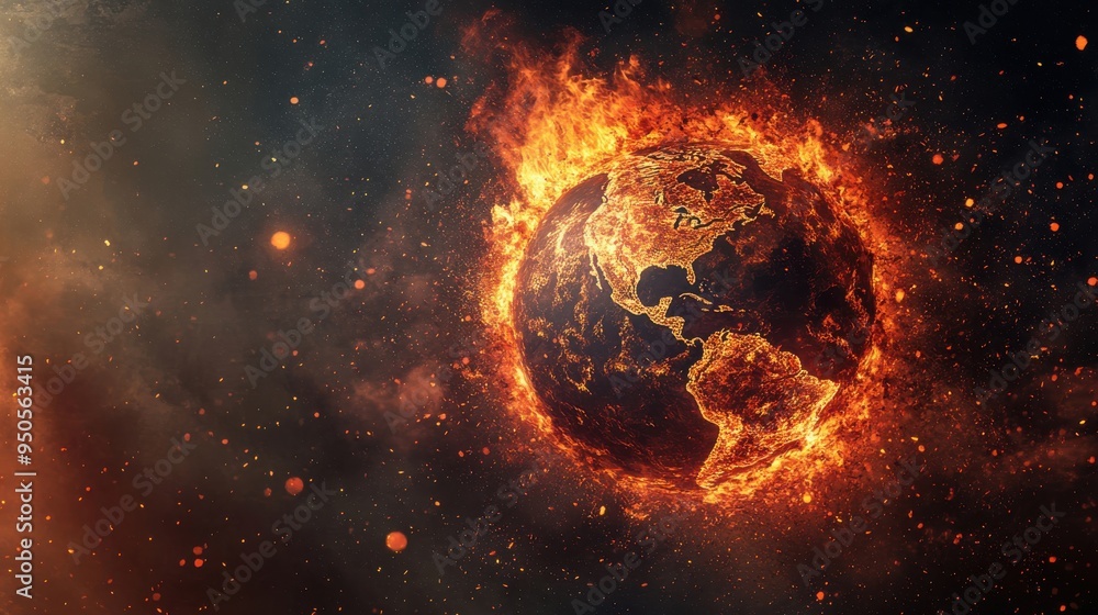 Burning planet Earth surrounded by flames in a dark cosmic environment highlighting environmental concerns and climate change challenges Burning planet Earth surrounded by flames in a dark cosmic environment highlighting environmental concerns and climate change challenges