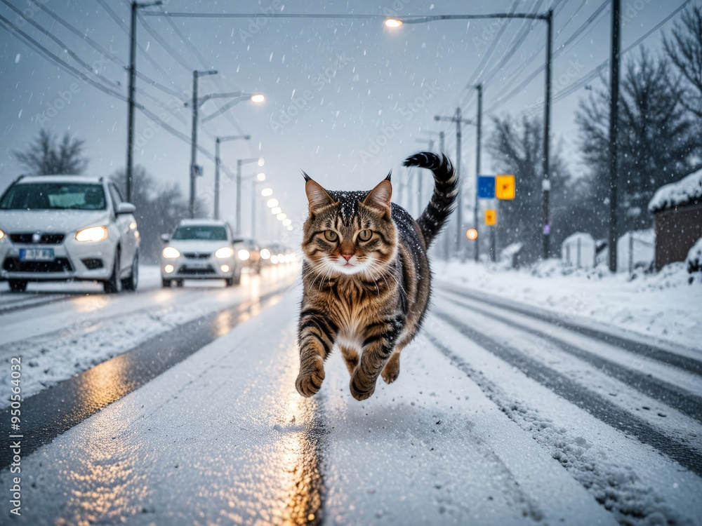 Obraz premium Risking being hit by car cat crossing road in front of vehicles.