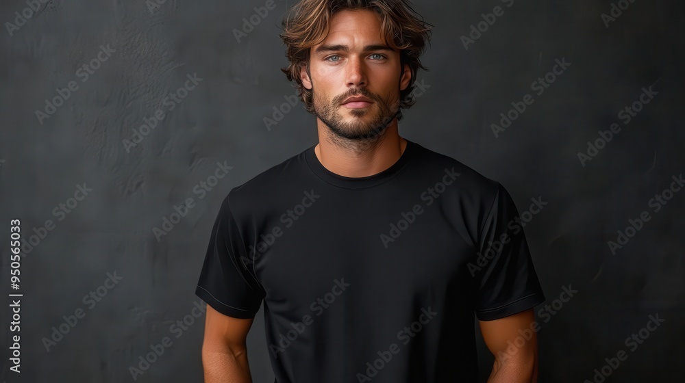 muscular male model wearing plain black tshirt front and back views on neutral gray background fashion mockup presentation muscular male model wearing plain black tshirt front and back views on neutral gray background fashion mockup presentation