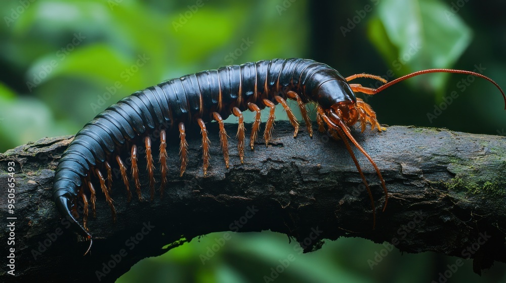 Fototapeta premium Centipede on a Branch in a Lush Green Forest