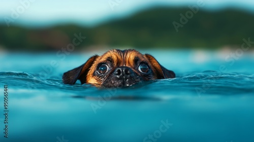 A close-up shot of a cute pug puppy swimming in the ocean, its head just above the water. The puppy's expression is one of cautious curiosity, with big eyes looking ahead. The water is clear and blue, photo