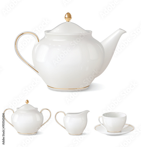 Teapot, sugar bowl, creamer, teacup on a white background. Vector illustration