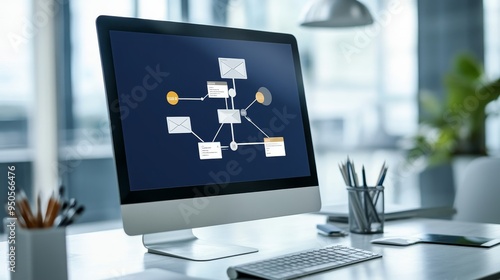 A computer screen displays an automated email sequence flowchart, illustrating the steps involved in sending a series of emails, showcasing email marketing strategy, automation, and customer engagemen photo