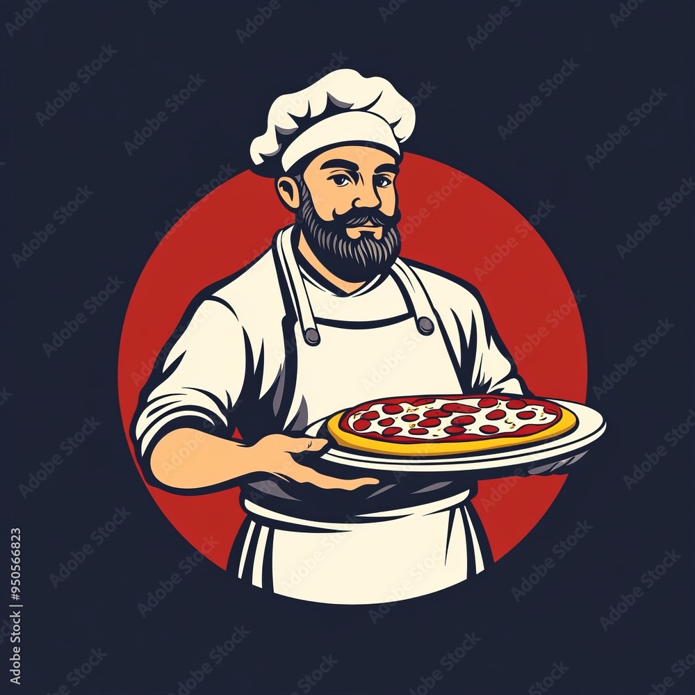 Chef cook holding pizza. Emblem or logo design. Vector illustration for restaurant or diner menu. Chef cook holding pizza. Emblem or logo design. Vector illustration for restaurant or diner menu.