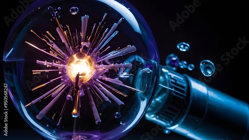 High-Speed Studio Photography, Bullet Impact on Classic Electric Bulb, Glass Explosion Detail, Blue and Purple Lighting, Concept of Obsolete Energy