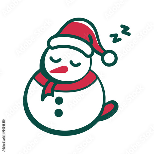 Peaceful snowman napping cozily with Santa hat against white background