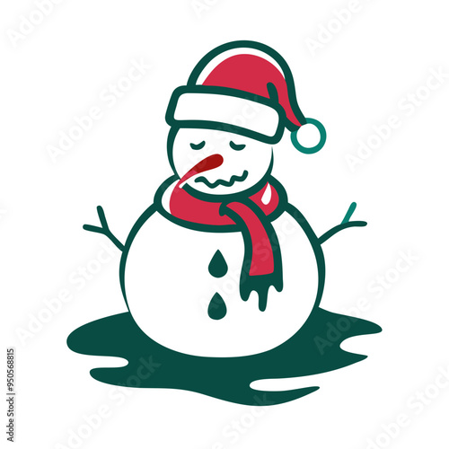 Melancholy snowman melting sadly in spring thaw against white background