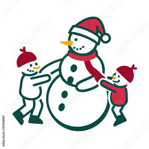 Playful snowman entertaining small snowchildren against white background