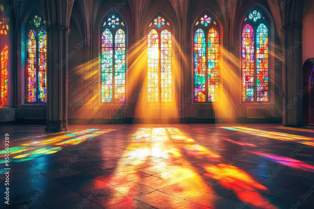 Obraz premium Bright sunbeams pierce through colorful stained glass windows, flooding the cathedral with radiant hues and creating a vivid interplay of colors and shadows in the sacred space.