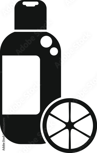 Black simple icon of bottle with shower gel or shampoo with citrus scent