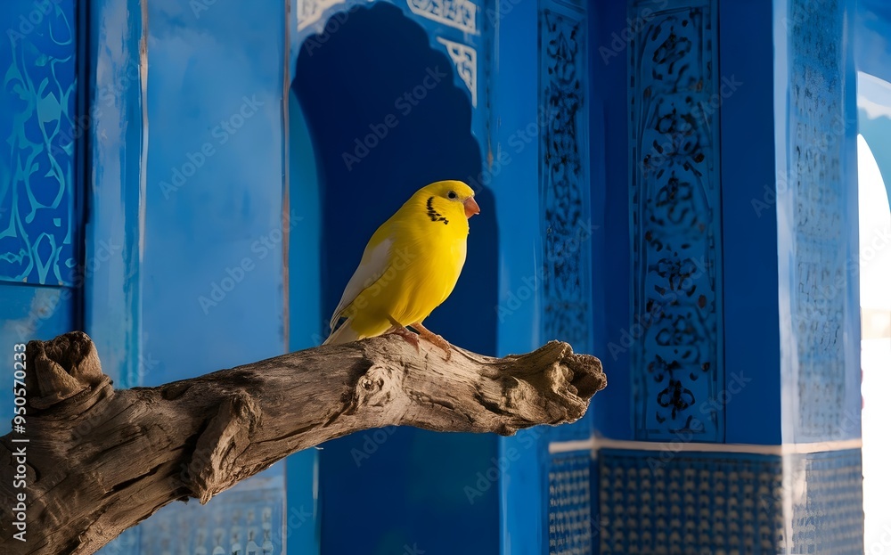 A yellow canary perched on a wooden branch in front of a colorful blue moroccan building
