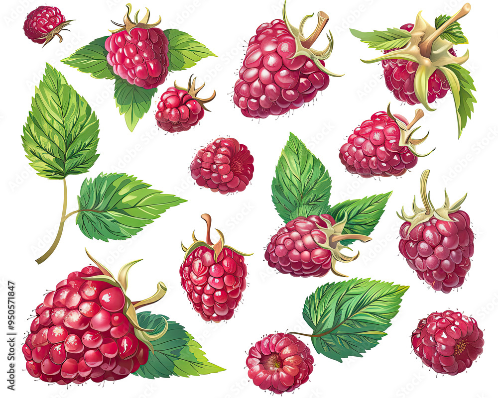 Juicy Raspberries with Green Leaves: Isolated Set on Transparent Background, PNG Juicy Raspberries with Green Leaves: Isolated Set on Transparent Background, PNG